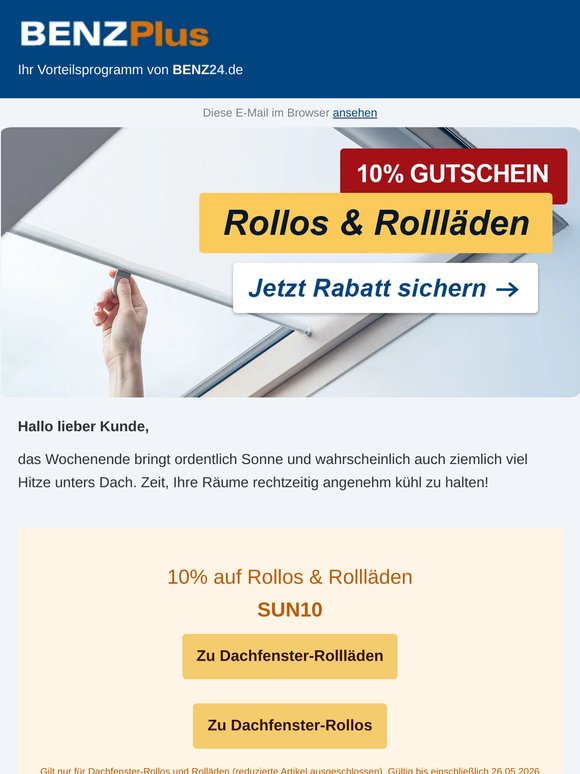 Hitze-Rabatt: 10% auf Rollos & Rollläden für Dachfenster