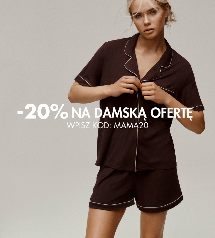 Blonde model in brown short-sleeve pyjama set; overlaid text: -20% on women's offer, enter code MAMA20