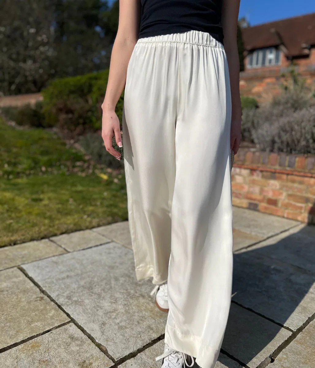 Image of Ivory Satin Wide Leg Palazzo Trousers
