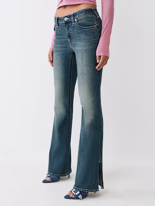 SHOP BECCA MID RISE SIDE SLIT HEM BOOTCUT JEAN