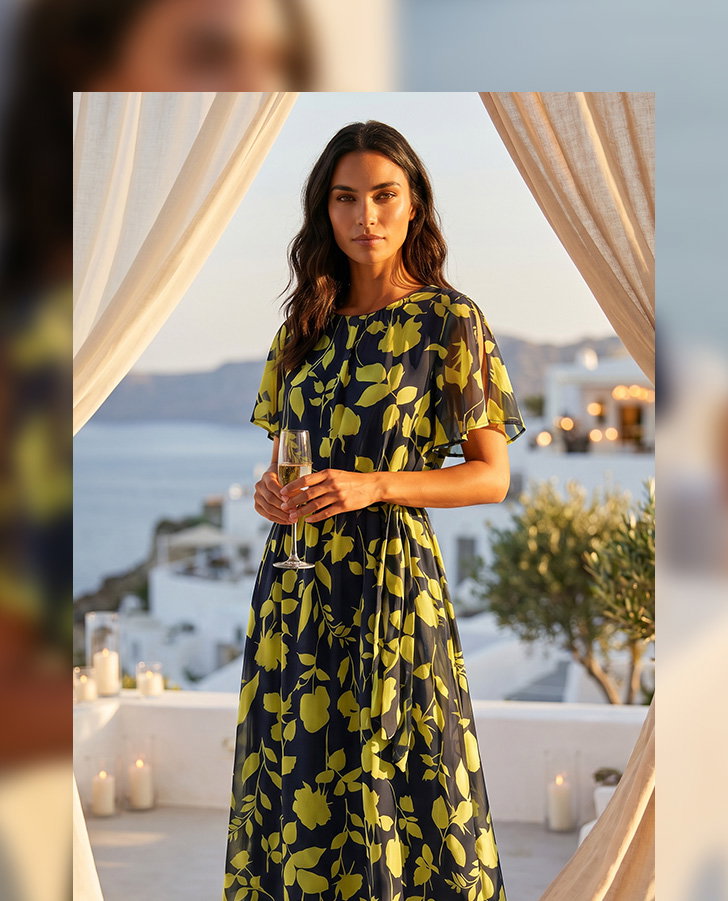 Navy Floral Split Sleeve Midi Dress