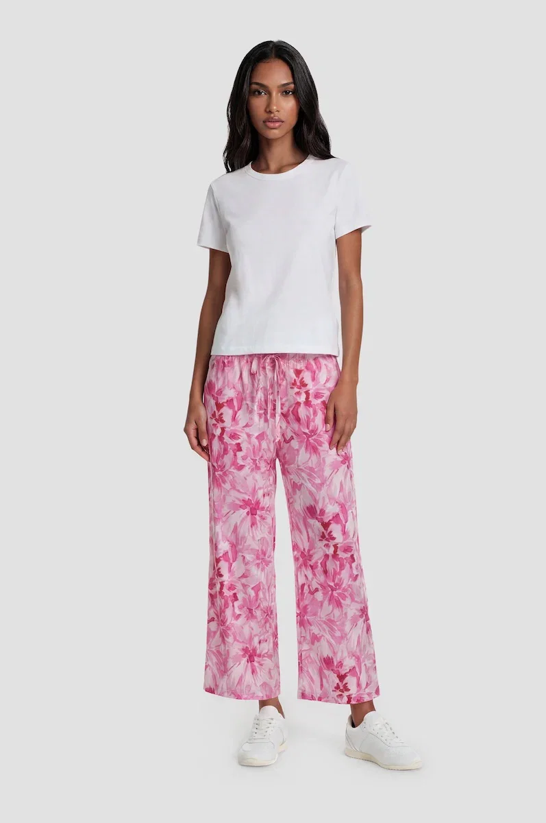 Image of Printed Wide Leg Cropped Pants - Pink