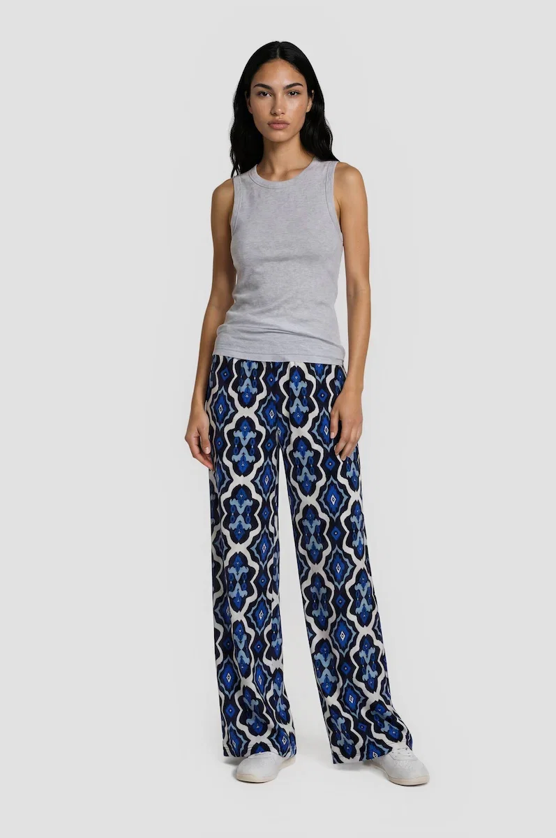 Image of Printed Wide Leg Pants - Navy