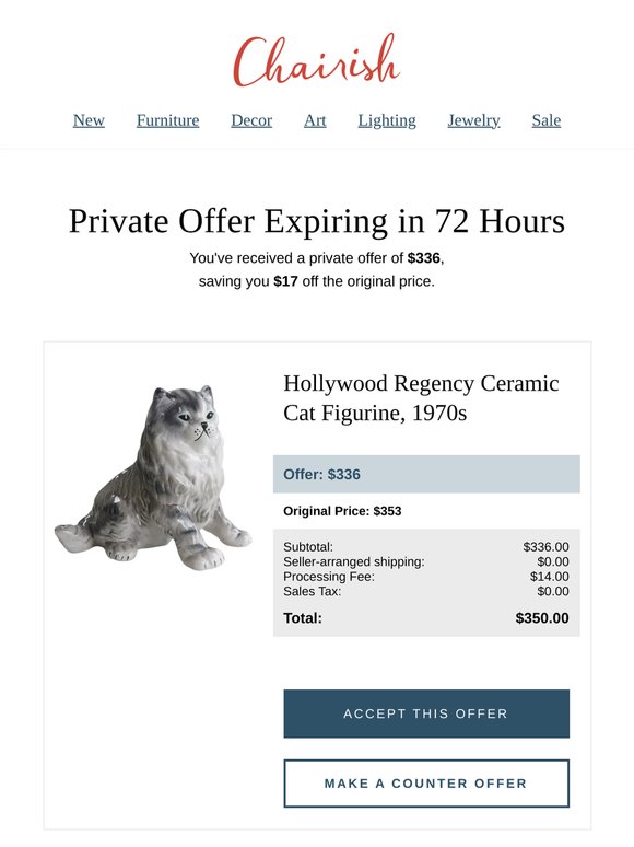 You have a private offer from a seller on Hollywood Regency Ceramic Cat Figurine, 1970s