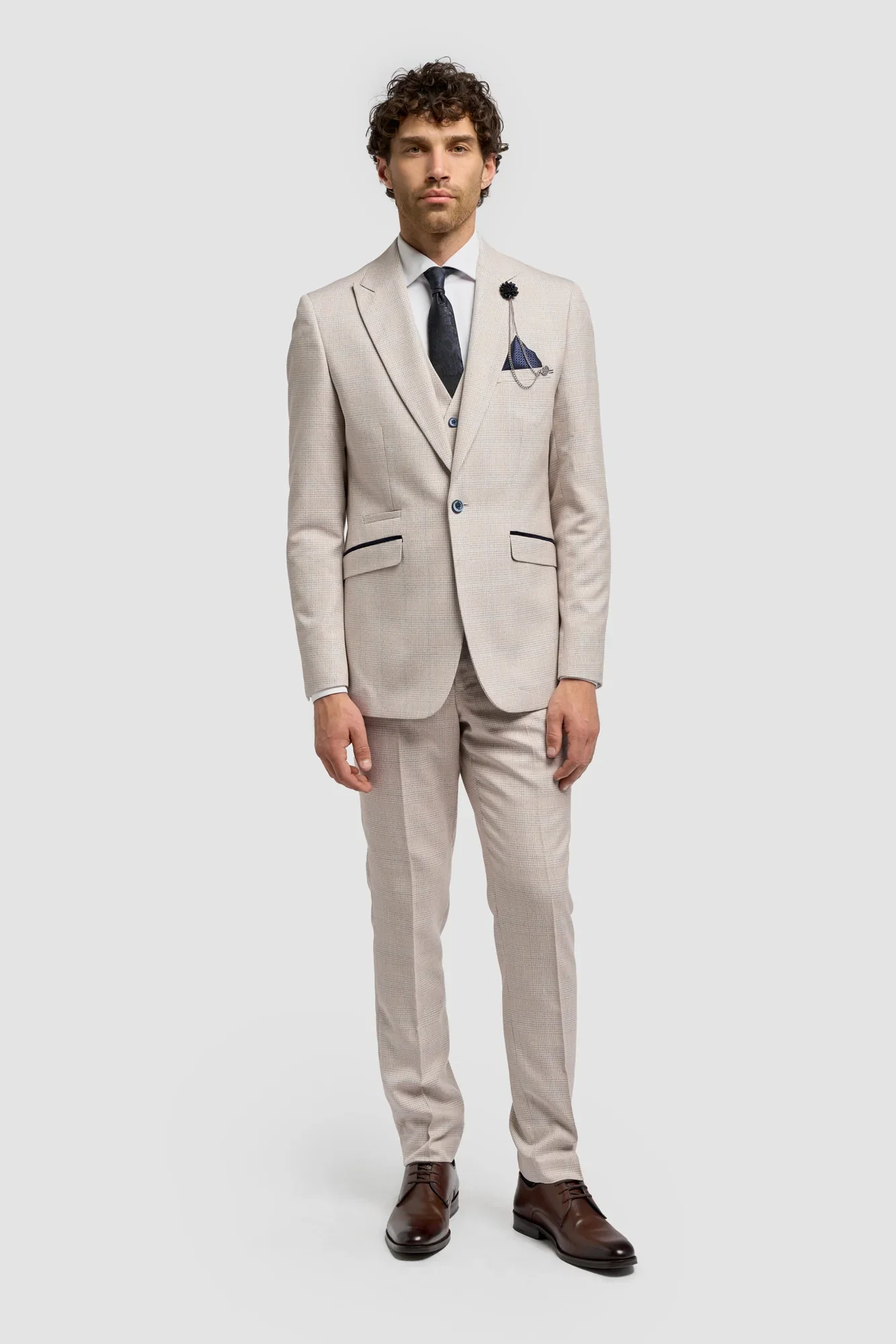 Image of Caridi Beige Regular Check Three Piece Suit