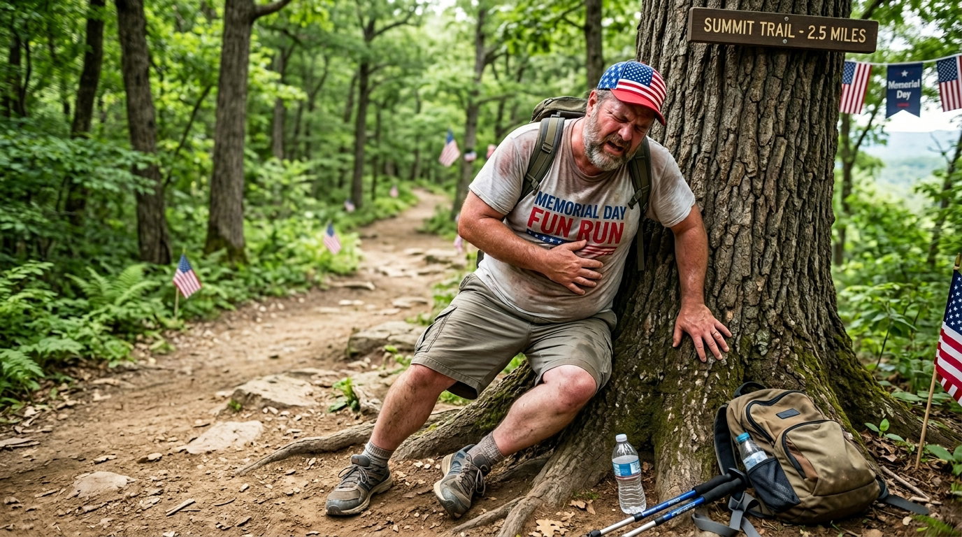 A man leaning against a tree after hiking