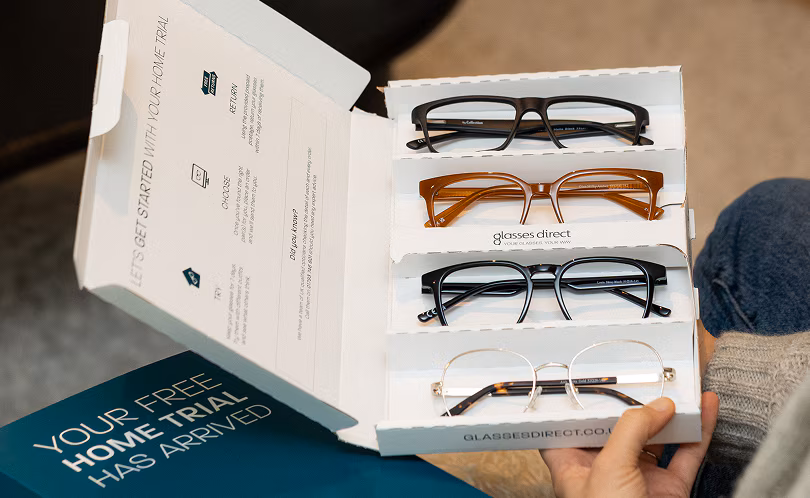 An open box displaying four Home Trial frames
