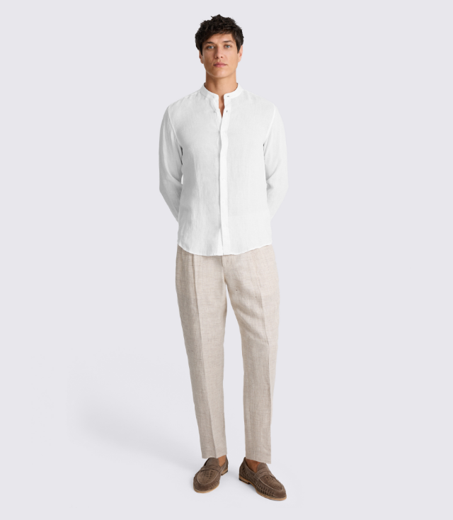 White Linen Grandad Collar Shirt