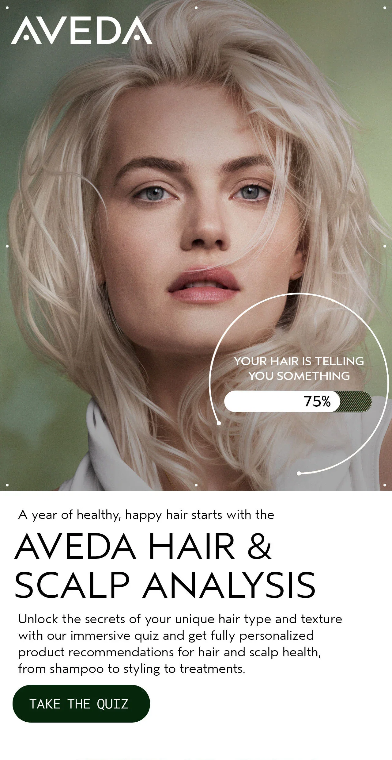 Aveda | YOUR HAIR IS TELLING YOU SOMETHING 75% | A year of healthy, happy hair starts with the | AVEDA HAIR & SCALP ANALYSIS | Unlock the secrets of your unique hair type and texture with our immersive quiz and get fully personalized product recommendations for hair and scalp health, from shampoo to styling to treatments. | TAKE THE QUIZ