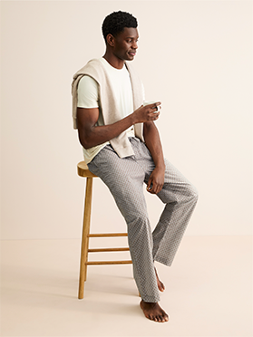 Men's Cotton Batiste Lounge Trousers in Taupe London Geo Cross