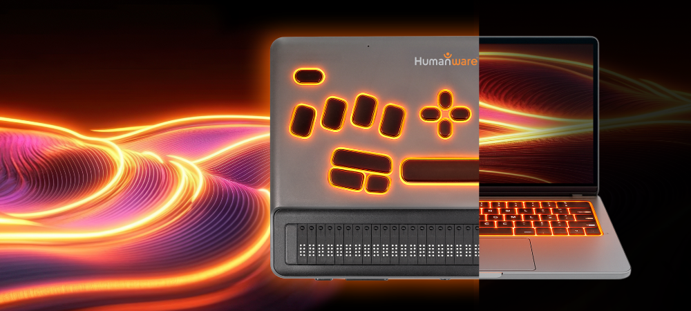 BrailleNote evolve transitioning into a laptop with glowing light waves behind.