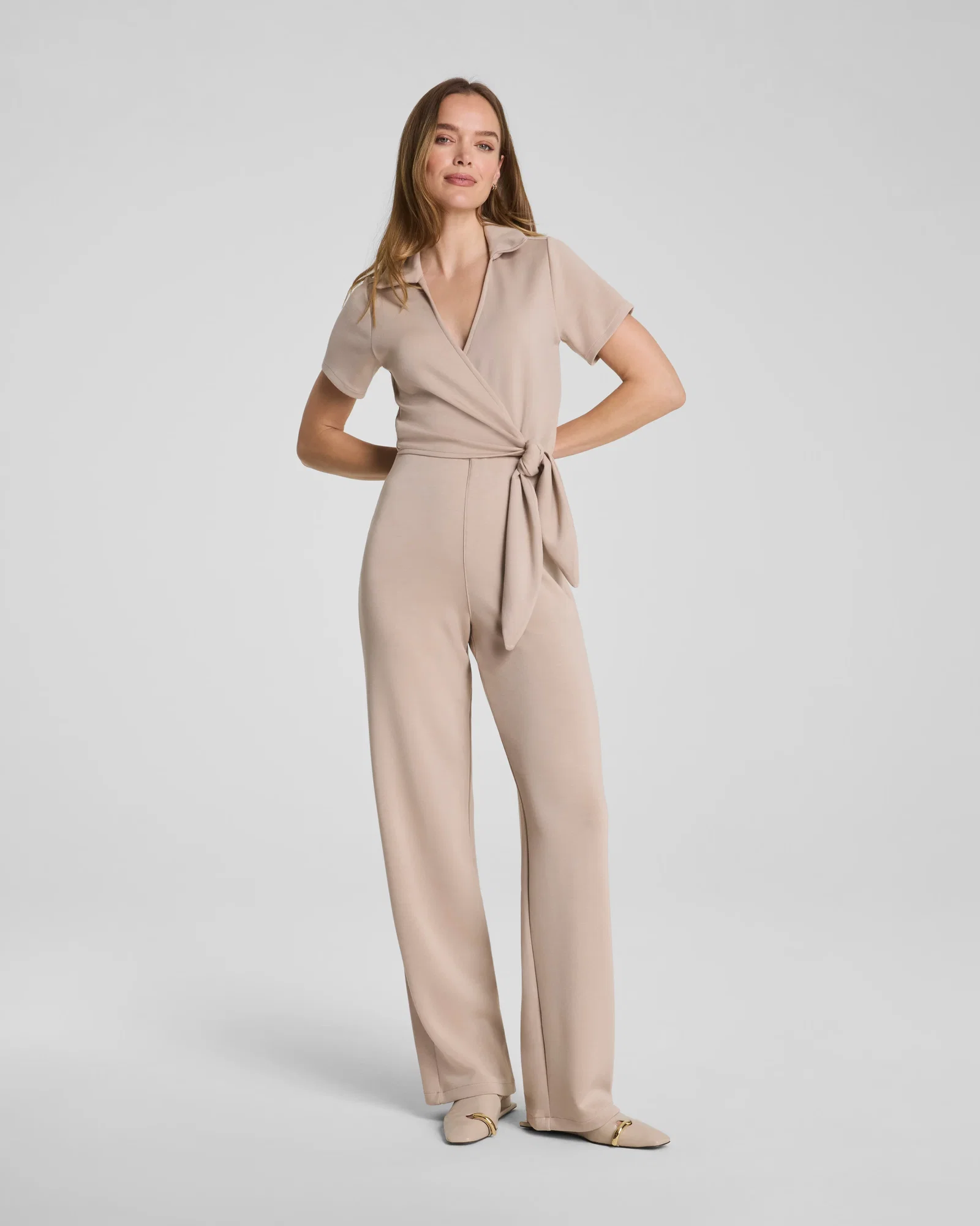 Image of Spanx Women's SPANX AirEssentials Collared Tie-Waist Jumpsuit in Dune