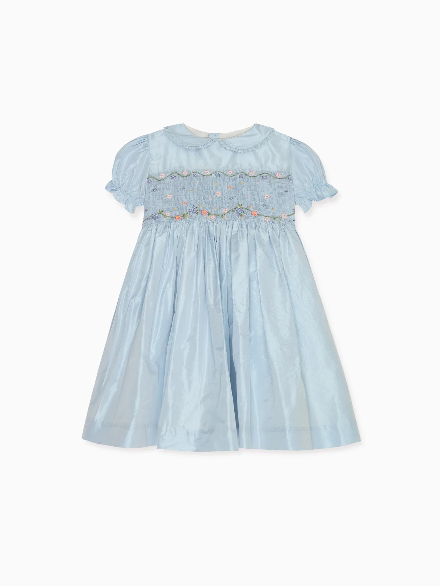 Image of Light Blue Eva Silk Ceremony Girl Hand-Smocked Dress