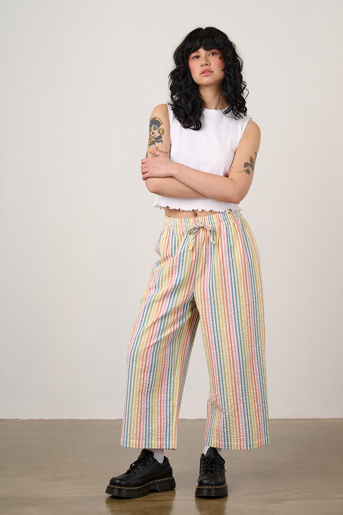 Chuck - Wide Leg Cotton Trousers in Vintage Rainbow Stripe