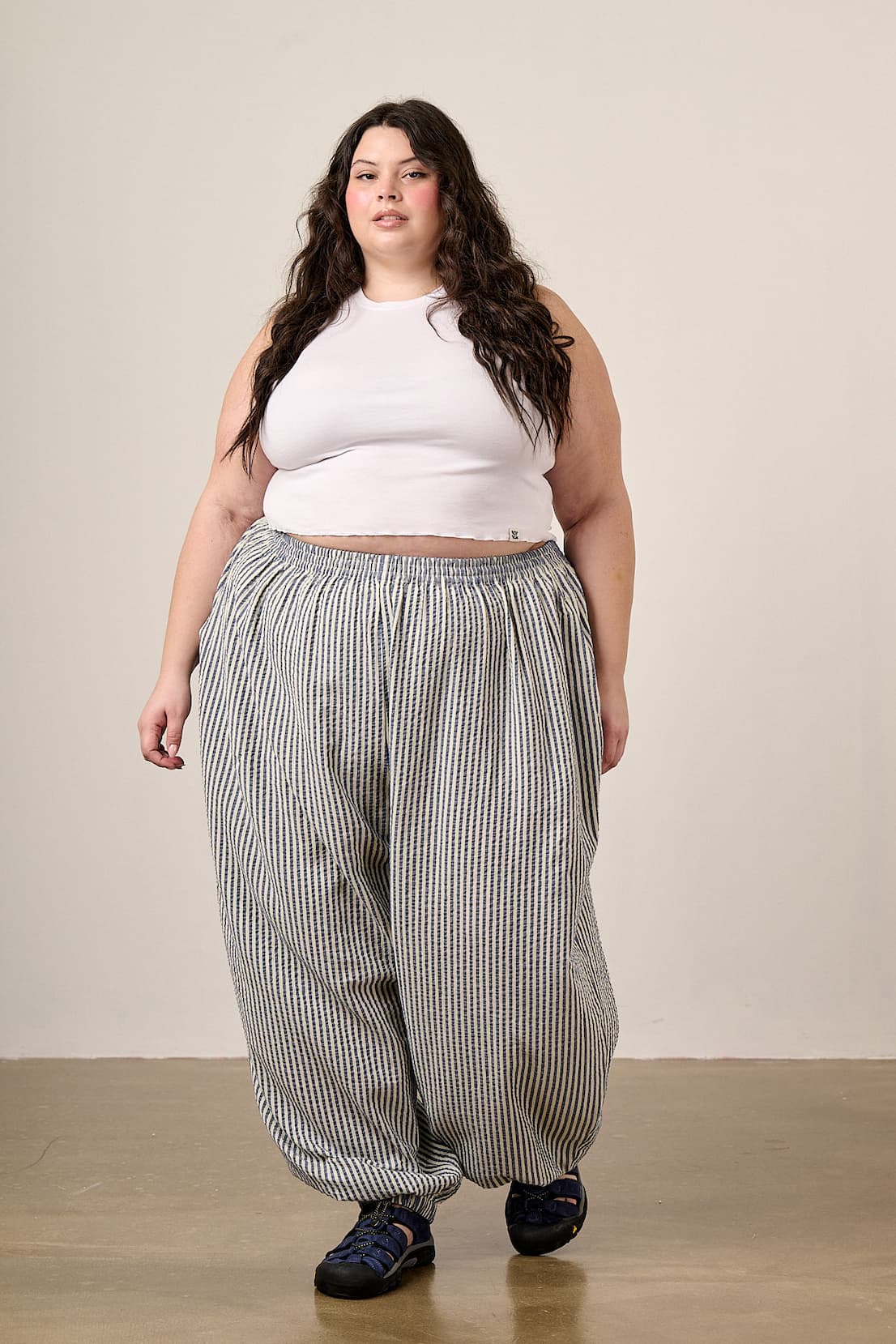 Renata - Cuffed Cotton Balloon Leg Trousers in Blue & White Stripe