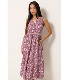 M&Co Petite Berry Red Floral Cotton Tiered Midi Dress