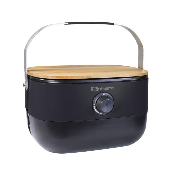 Sahara Gasgrill «Mini Bbq», kompakt mit Wendeplatte und Bambus-Abdeckung , schwarz
