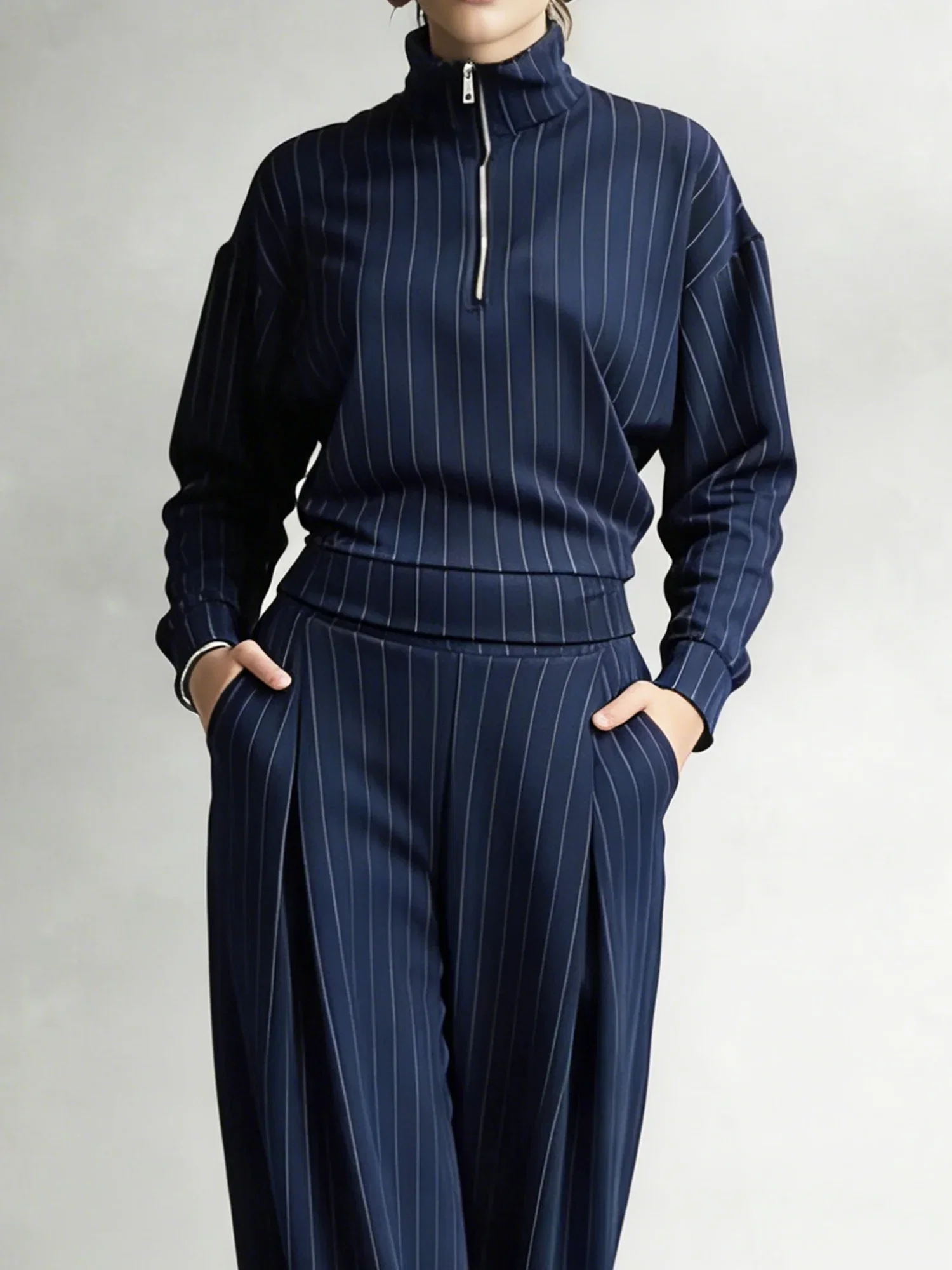 Image of Casual Striped Mock Neck Blouse