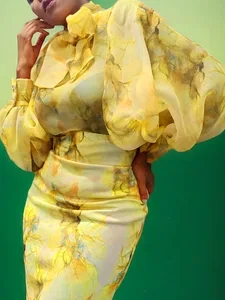 Image of Elegant Floral Printing Balloon Sleeve Shirt