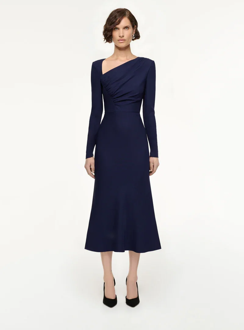 ASYMMETRIC DRAPE STRETCH CADY MIDI DRESS