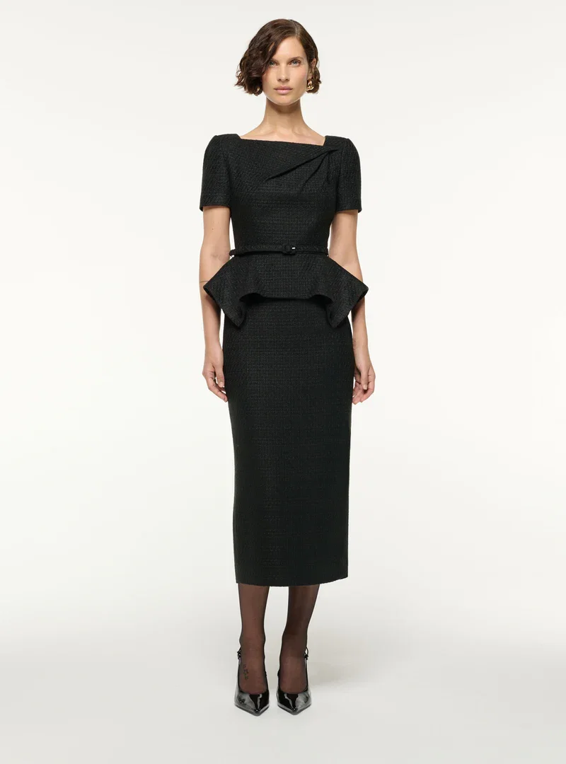 ASYMMETRICAL TWIST PEPLUM BOUCLE DRESS