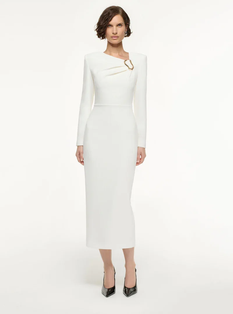LONG SLEEVE BUCKLE CREPE MIDI DRESS