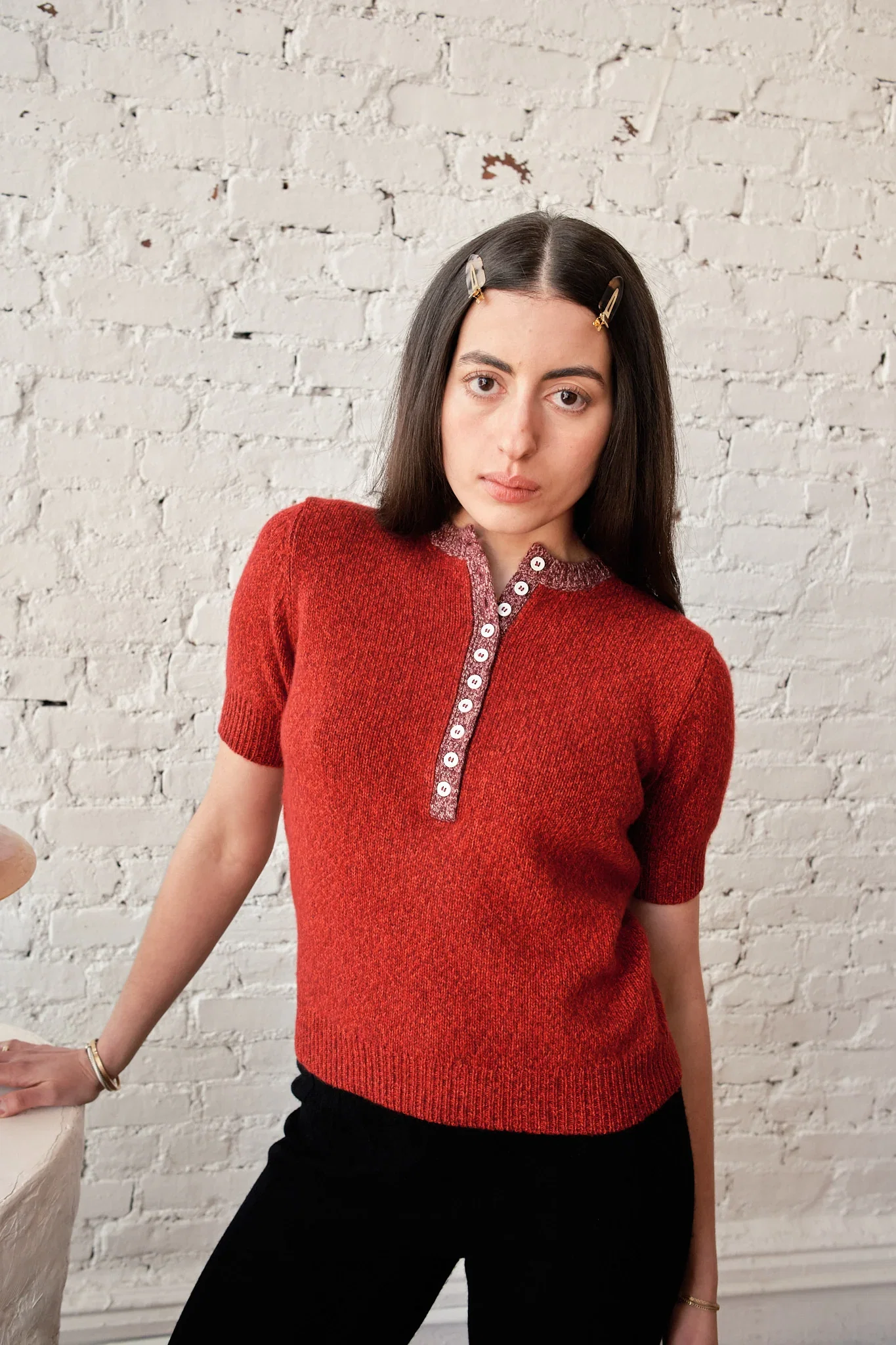 Image of Cecilia Marl Cashmere Henley - Lava/Wine