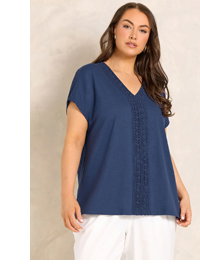 EVANS Curve Navy Blue Cotton Crochet Trim Tee