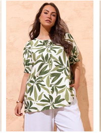 EVANS Curve Green Leaf Print Tie Neck Blouse