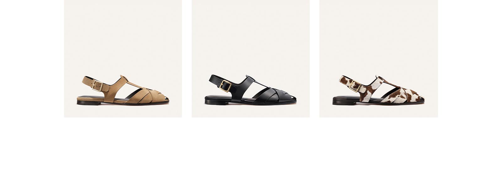 The Calypso Fisherman in Biscotti Suede, Black Calf, and Cow Print Haircalf