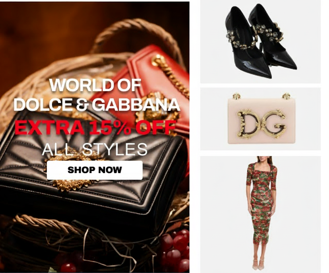 Dolce & Gabbana sale: Extra 15% off all styles with a "Shop Now" button.
