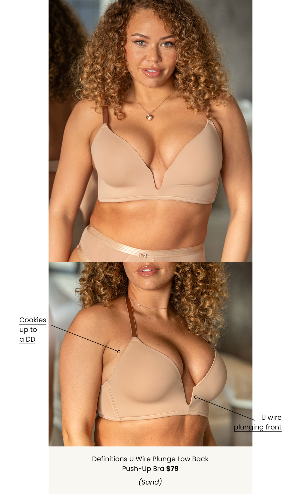 Definitions U Wire Plunge Low Back Push-Up Bra - Sand