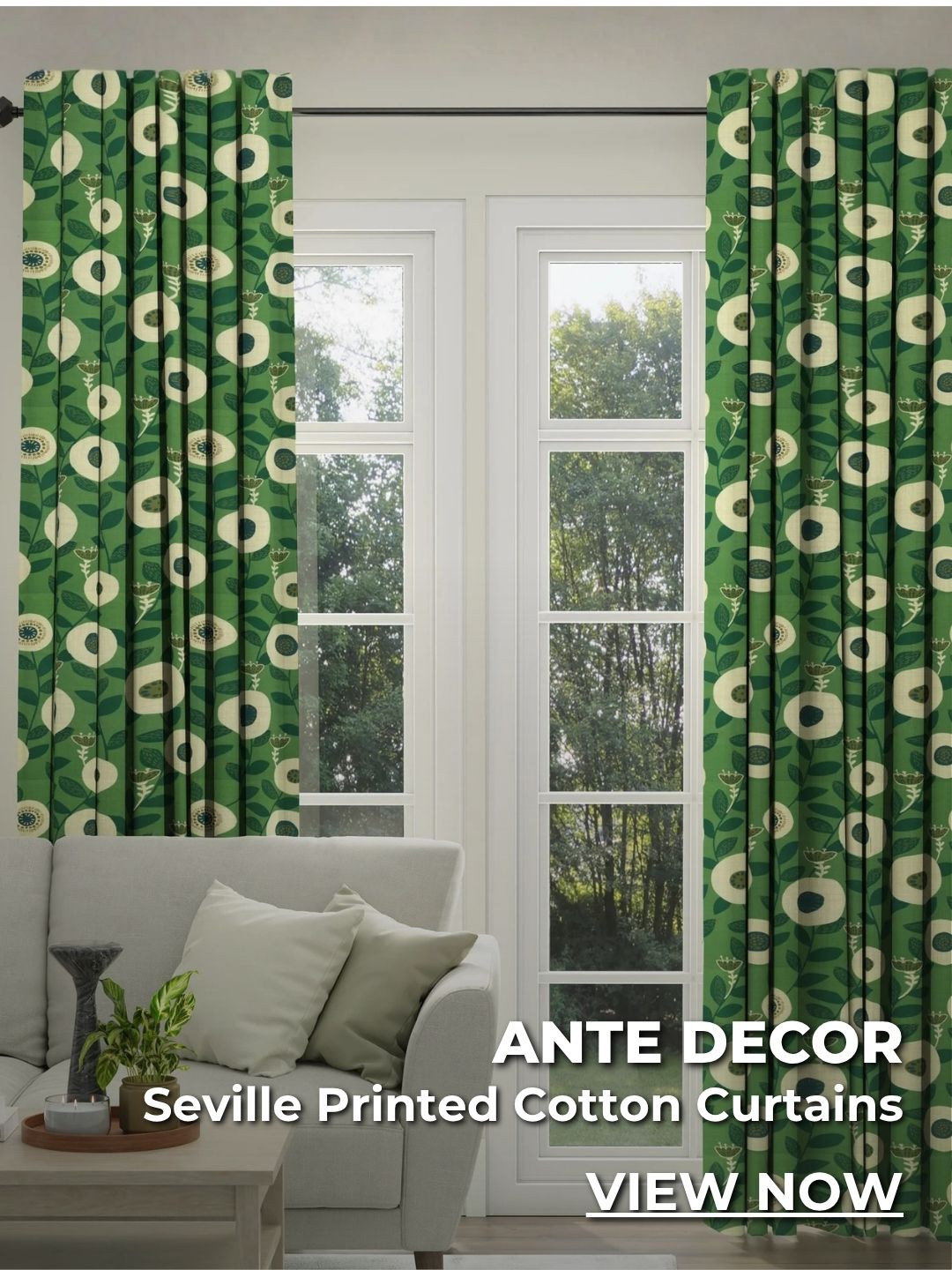 ANTE DECOR Seville Printed Cotton Made To Measure Curtains Emerald