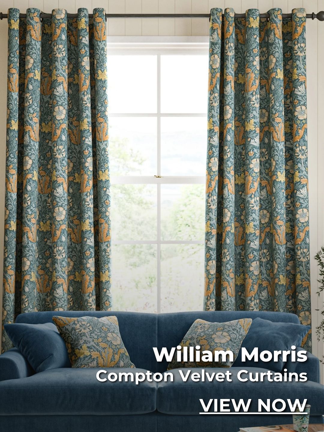 William Morris Compton Velvet Made To Measure Curtains Bluebird