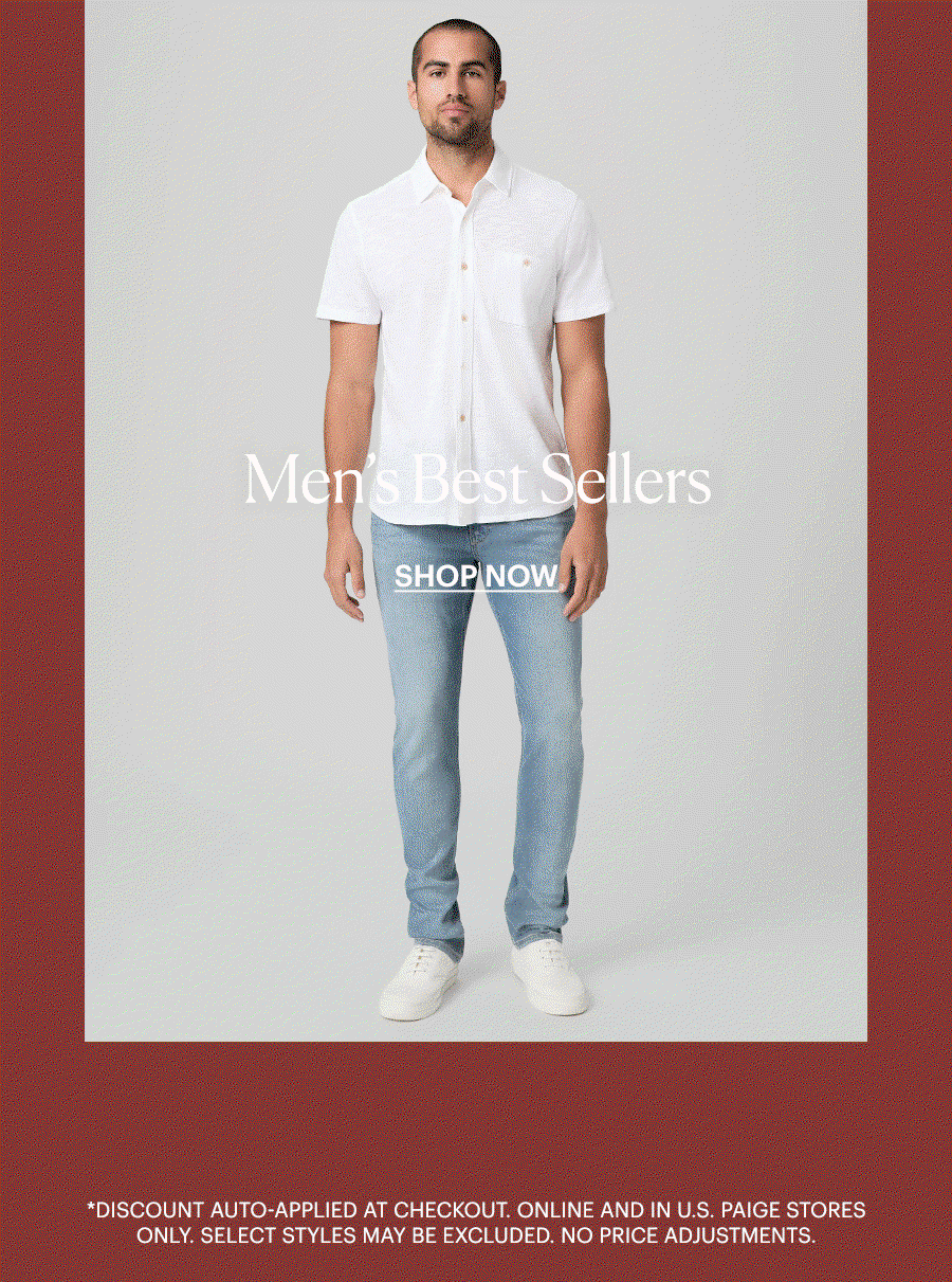 Shop Men's Best Sellers - Featuring images of a man in a white short sleeve button-up and light-wash straight-leg jeans with a pair of white sneakers, posed in front of light grey backdrop.