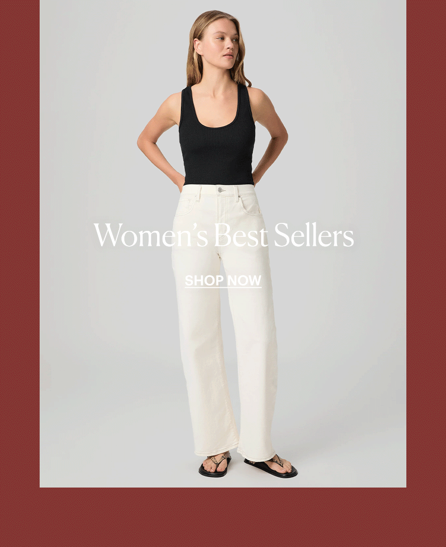 Shop Women's Best Sellers - Featuring images of a woman wearing a black tank top with white high-rise barrel-leg jeans and snakeskin flip-flop sandals, standing in front of a light grey backdrop.