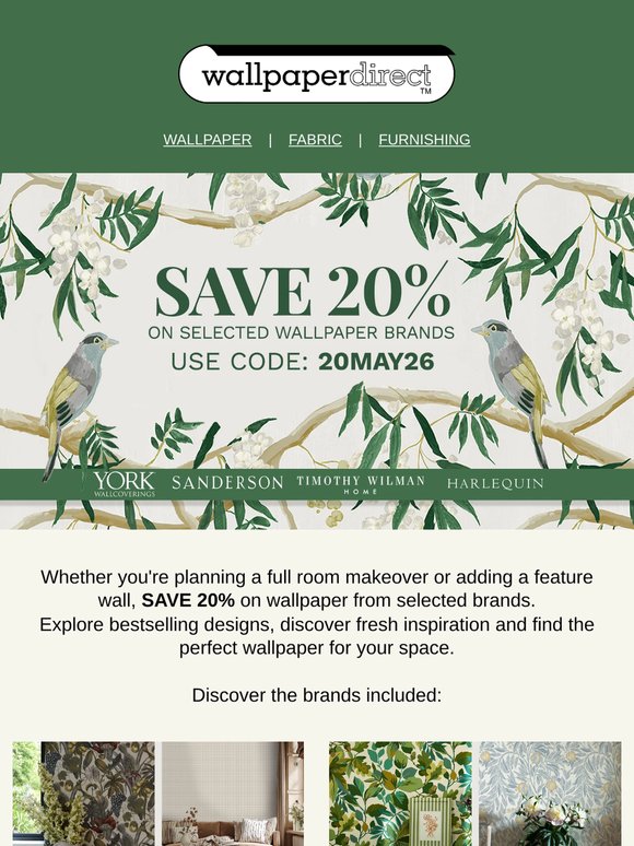 SAVE 20% on bestselling and most loved wallpaper brands 😍