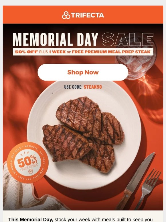 Memorial Day sale! 50% off + free steak!