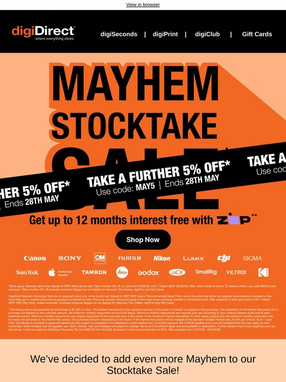 EXTENDED! Take a FURTHER 5% Off* the Mayhem Stocktake SALE!💥