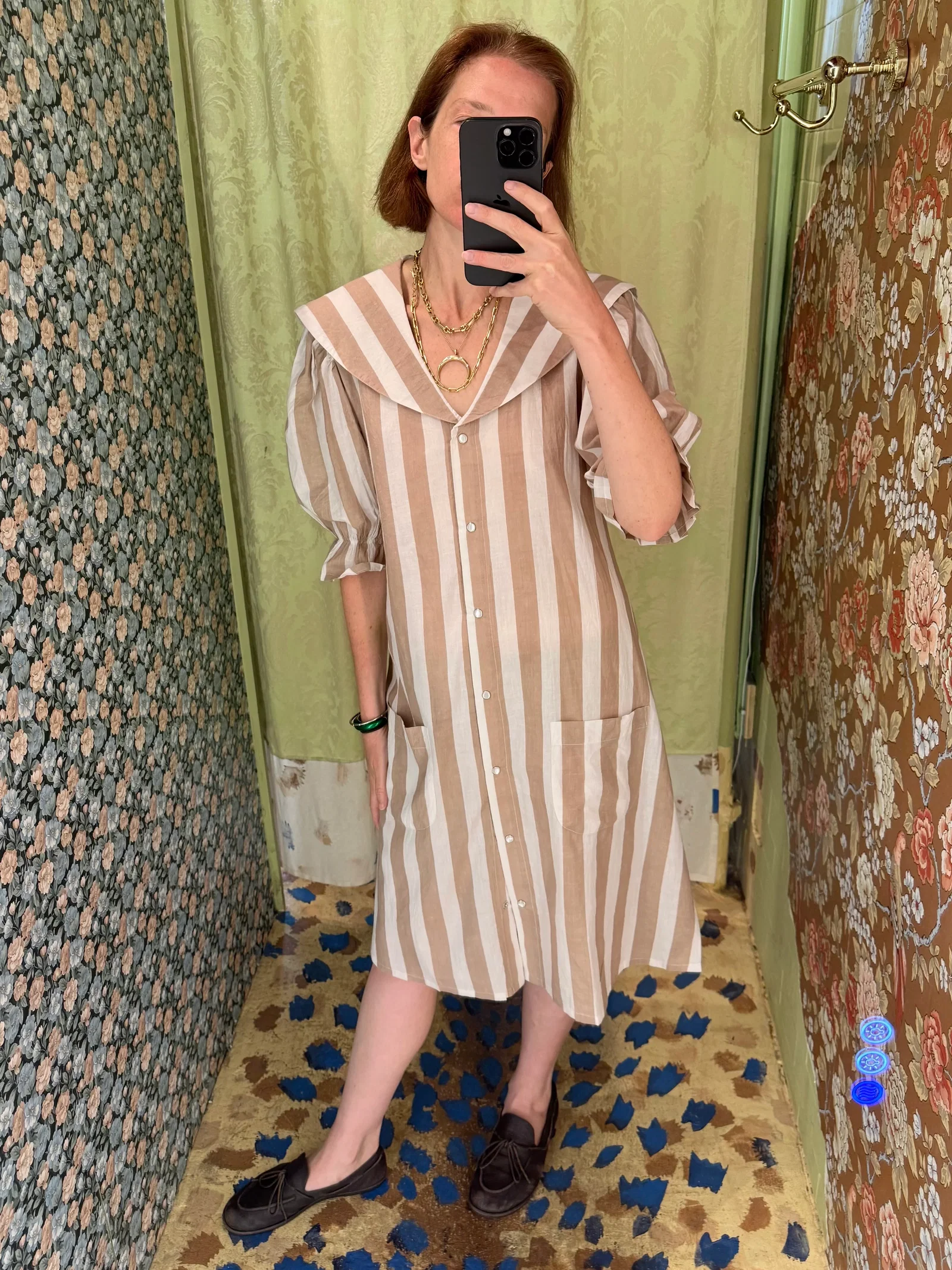 Image of Sailor Snap Housedress in Beige Stripe