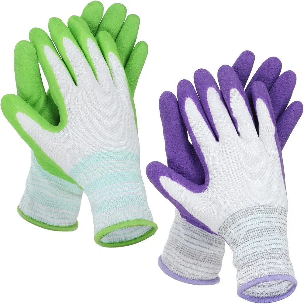 2-Pack Gardening Gloves – Rubber-Coated Outdoor Work Gloves with Grip, Breathable Protective Yard Gloves for Men & Women, Green & Purple