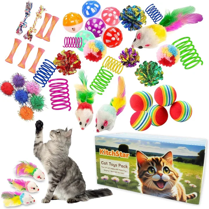 46 Piece Interactive Cat Toy Set with Springs, Balls, Catnip, and Crinkle Toys