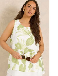 EVANS Curve Green Leaf Print Double Layer Vest Top
