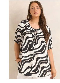 EVANS Curve Black Zebra Tie Neck Top
