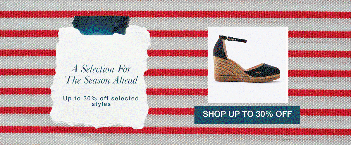 Promotional banner with a red-and-white striped background. On the left, a torn paper graphic reads ‘A Selection For The Season Ahead’ and ‘Up to 30% off selected styles.’ On the right, a navy wedge sandal is displayed above a blue button that says ‘SHOP UP TO 30% OFF.