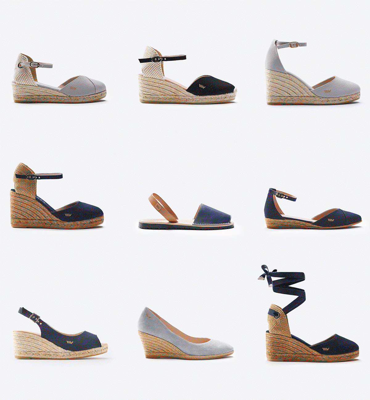 Selection of espadrille styles in neutral tones, including wedge heels, flats, and slingbacks, featuring canvas uppers and natural jute soles.