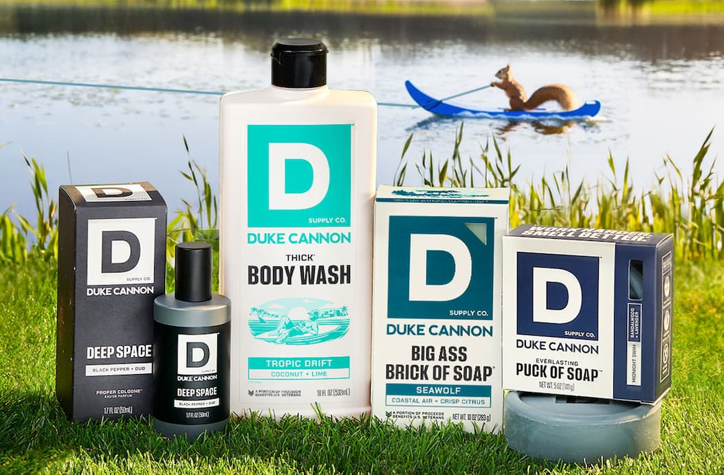 Duke Cannon products on grass.