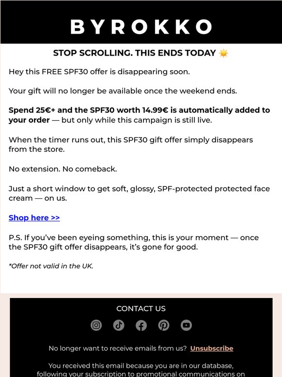 Last chance: Free SPF30 ends tonight 💋