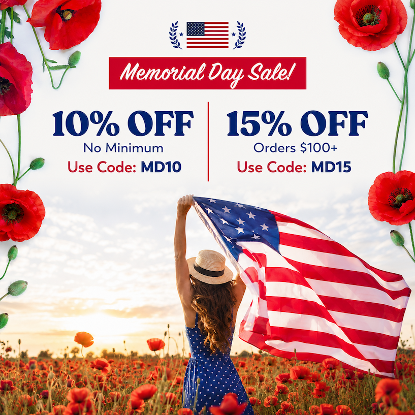 Woman holding an American flag with discount. Take 10% OFF no minimum or take 15% OFF orders of $100 or more