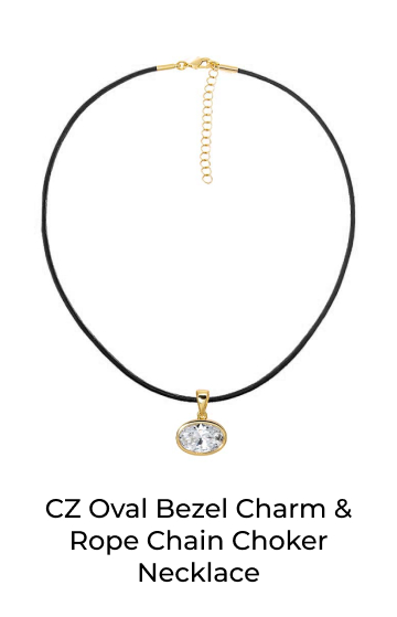 CZ Oval Bezel Charm & Rope Chain Choker Necklace